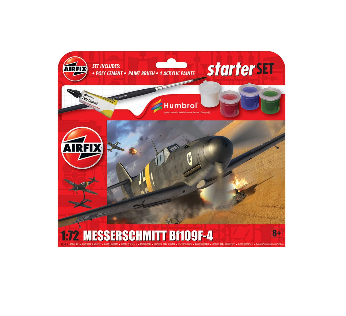Airfix Messerschmitt Bf109F-4 Starter Set box packaging showing aircraft artwork, Airfix and Humbrol branding, and images of included paints, brush and poly cement