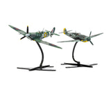 Forward angled view of assembled 1:72 scale Supermarine Spitfire Mk.Vc and Messerschmitt Bf109F-4 aircraft models mounted on display stands