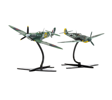 Forward angled view of assembled 1:72 scale Supermarine Spitfire Mk.Vc and Messerschmitt Bf109F-4 aircraft models mounted on display stands