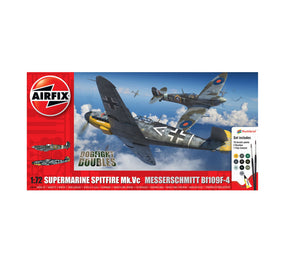 Airfix Supermarine Spitfire Mk.Vc vs Messerschmitt Bf109F-4 model kit box showing illustrated aerial combat artwork and contents panel