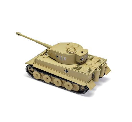 Assembled Tiger 1 tank model with turret number 334, rear exhaust canisters, engine deck vents and track detail shown from a rear side angled view on a white background