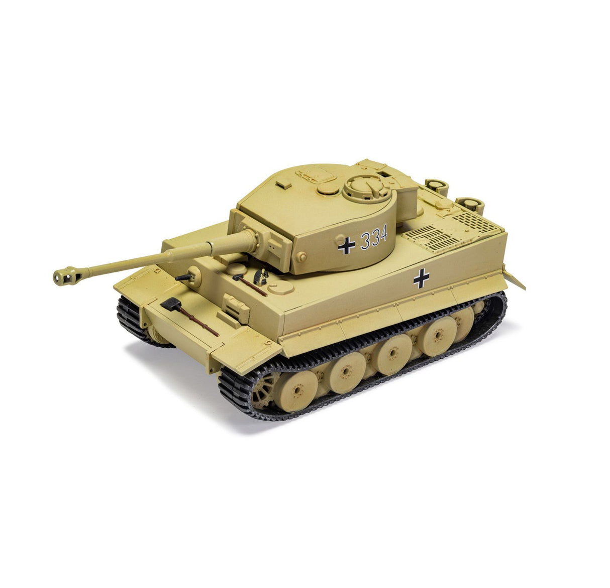 Assembled Tiger 1 tank model with turret number 334 and black cross markings shown from a side angled view on a white background
