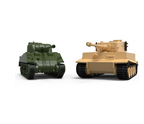 Two assembled 1:72 scale tank models showing a green Tiger 1 and a sand coloured Sherman Firefly positioned facing forward on a white background