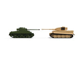 Side profile view of assembled 1:72 scale Tiger 1 and Sherman Firefly tank models positioned facing each other on a white background