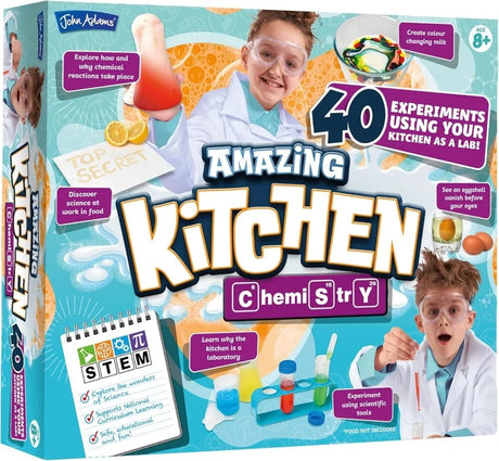 Amazing Kitchen Chemistry box at an angle showing the 40 experiment set, science equipment and kitchen chemistry activities
