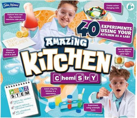 Front of Amazing Kitchen Chemistry box showing 40 kitchen science experiments including colour changing milk, chemical reactions and eggshell activity