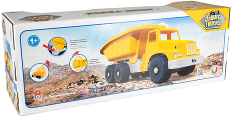 Back of the Androni Giant Trucks dump truck box showing product illustration and feature graphics