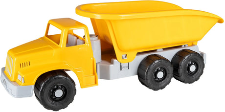 Yellow Androni Giant Trucks dump truck with grey chassis and black wheels
