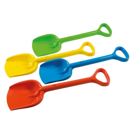 Four assorted plastic spades in green, yellow, blue and red arranged in a straight row on a plain background