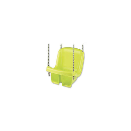 Green toddler swing seat with ropes on a plain background
