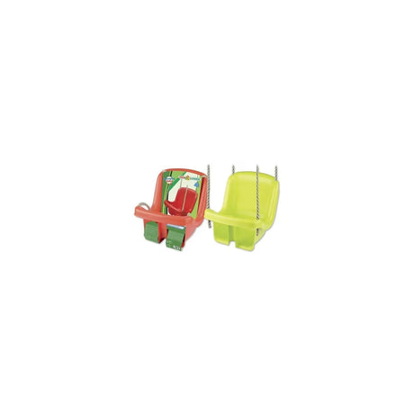 Orange and green toddler swing seats with ropes shown together on a plain background