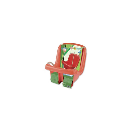 Orange toddler swing seat with ropes and green foot rest on a plain background