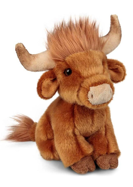 Animigos World of Nature Highland Cow plush angled front view with curved horns and shaggy brown fur
