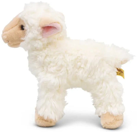 Animigos World of Nature lamb plush shown from the left side with yellow tag