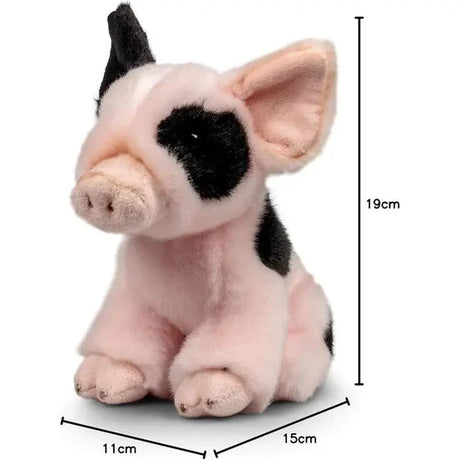Animigos World of Nature piglet plush with black patch and size guide