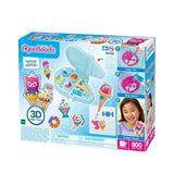 Aquabeads Ice Cream Party Craft Studio retail box showing the open ice cream shaped storage case, 3D bead ice creams, three decorating steps and a child holding a finished creation.