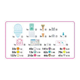 Aquabeads Ice Cream Party Craft Studio contents diagram showing the storage case, bead trays, ice cream bead pen, cone accessories, water sprayer, templates and quantities of coloured beads.