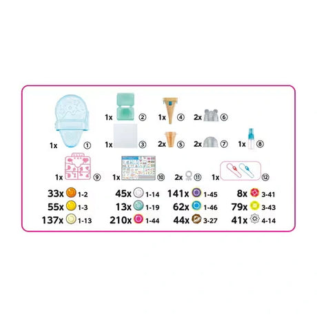 Aquabeads Ice Cream Party Craft Studio contents diagram showing the storage case, bead trays, ice cream bead pen, cone accessories, water sprayer, templates and quantities of coloured beads.