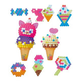 Colourful finished Aquabeads creations including two three dimensional ice cream cones, one topped with a pink cat design, alongside beaded ice lollies, sweets and miniature ice cream shapes.