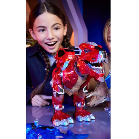 Child looking at Armorsaurs Armor-Up T-Rex Dinosaur Ajax toy figure on a table