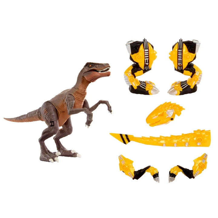 Unarmoured Armorsaurs Yellow Raptor Dinosaur Blaze with removable yellow armour pieces arranged beside it