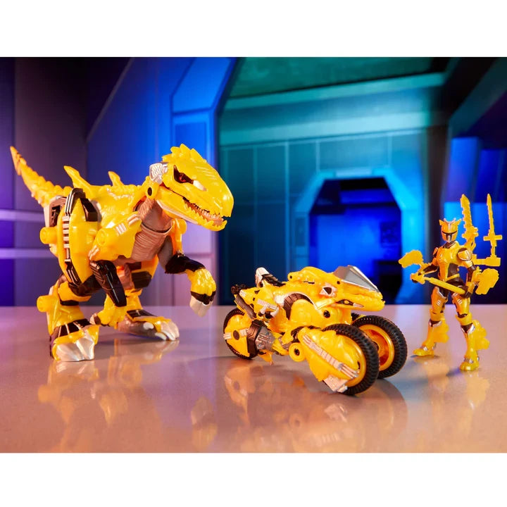 Armorsaurs Yellow Raptor Dinosaur Blaze beside a yellow dinosaur vehicle and pilot figure