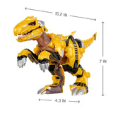 Armorsaurs Yellow Raptor Dinosaur Blaze dimensions showing 15.2 inches long, 7 inches high and 4.3 inches wide