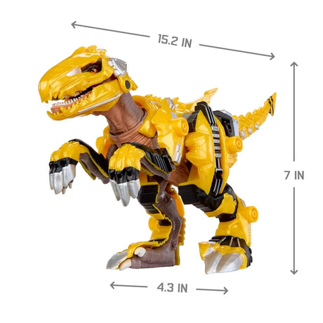 Armorsaurs Yellow Raptor Dinosaur Blaze dimensions showing 15.2 inches long, 7 inches high and 4.3 inches wide