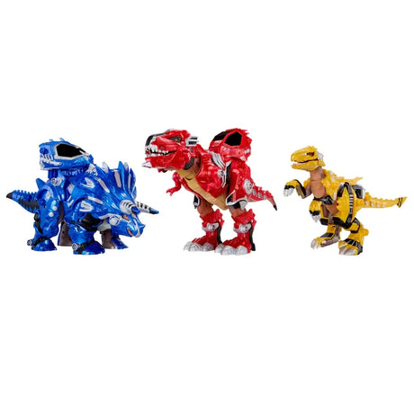 Blue, red and yellow Armorsaurs Armor-Up dinosaur figures with Blaze on the right