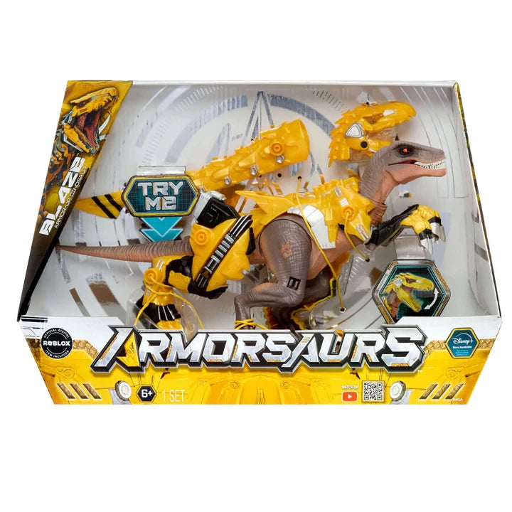 Armorsaurs Armor-Up Yellow Raptor Dinosaur Blaze toy figure in its retail packaging