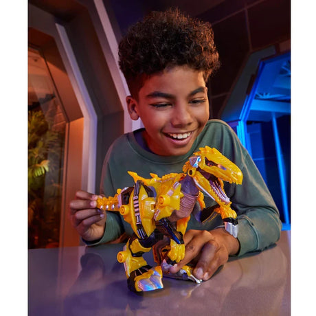 Child playing with the fully armoured Armorsaurs Yellow Raptor Dinosaur Blaze toy figure