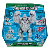 Rear of the Armorsaurs King Chrome retail box showing the silver robotic figure with raised fists, missile attack and lights and sounds illustrations, plus Ajax and Cobalt characters.