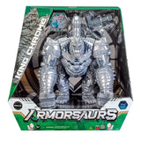 Armorsaurs King Chrome silver robotic villain figure inside its green and black retail packaging, showing the large armoured fists, Try Me feature and Armorsaurs logo.
