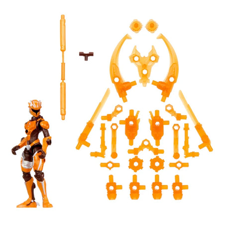 Armorsaurs Raptor Pilot Prisca Silva figure beside orange armour parts and accessories