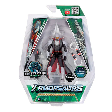 Armorsaurs Switchblade figure shown in boxed packaging with blaster, hook weapon and armour parts
