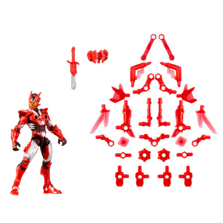 Armorsaurs T-Rex Pilot Liam Roberts figure beside red armour parts and accessories