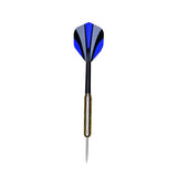 Single Arrow180 steel tip dart with a gold coloured barrel, black shaft and blue, black and grey flight against a white background.