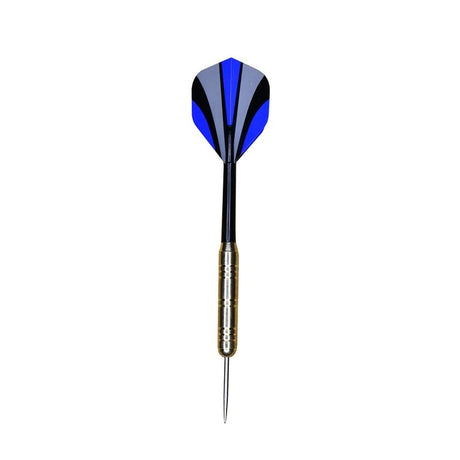 Single Arrow180 steel tip dart with a gold coloured barrel, black shaft and blue, black and grey flight against a white background.