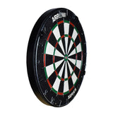 Arrow180 Series 1 bristle dartboard photographed at an angle against a white background, showing the thickness of the black outer edge and numbered scoring ring.