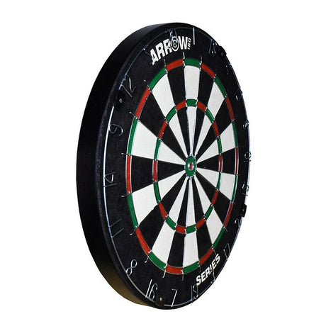 Arrow180 Series 1 bristle dartboard photographed at an angle against a white background, showing the thickness of the black outer edge and numbered scoring ring.
