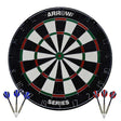 Arrow180 Series 1 bristle dartboard shown from the front with black and white scoring segments, red and green rings, three blue flight darts and three red flight darts.