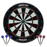 Arrow180 Series 1 bristle dartboard shown from the front with black and white scoring segments, red and green rings, three blue flight darts and three red flight darts.