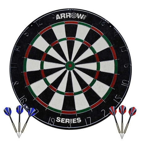 Arrow180 Series 1 bristle dartboard shown from the front with black and white scoring segments, red and green rings, three blue flight darts and three red flight darts.