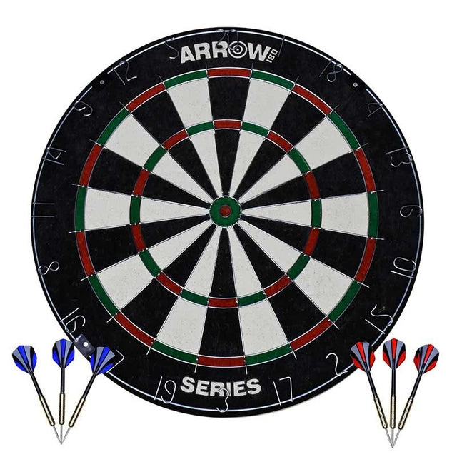 Arrow180 Series 1 bristle dartboard shown from the front with black and white scoring segments, red and green rings, three blue flight darts and three red flight darts.