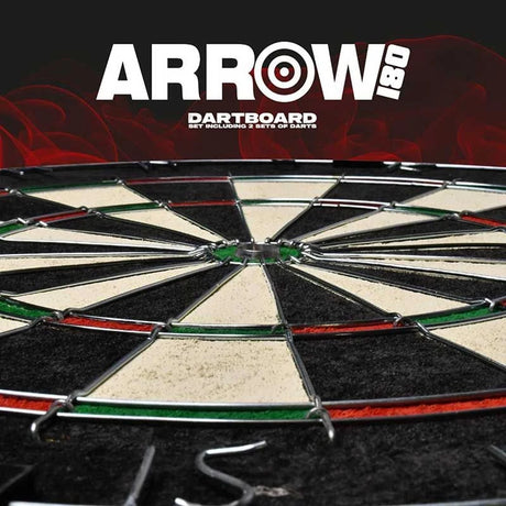 Low angle close-up of the Arrow180 dartboard showing the central bullseye, metal scoring wires and black, cream, red and green sisal segments.