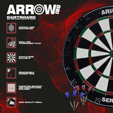 Arrow180 dartboard promotional graphic listing official size, tournament suitability, staple-free bullseye, removable number ring, mounting bracket and sisal construction.