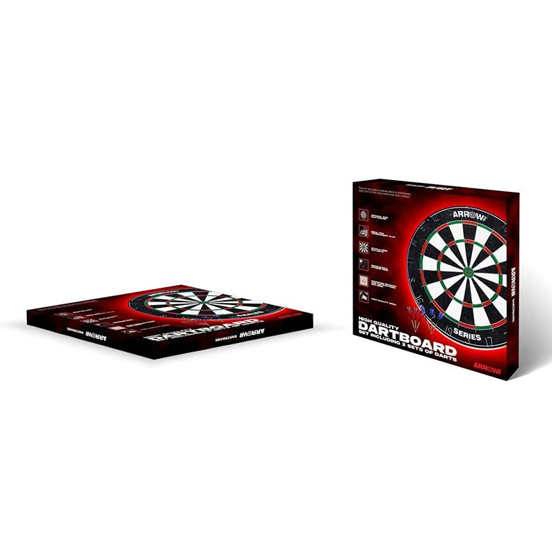 Arrow180 Bristle Dartboard Set retail packaging displayed flat and upright, with black and red box graphics and a photograph of the dartboard.
