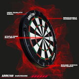 Angled Arrow180 dartboard on a black and red background with labels identifying the sisal surface, removable number ring, staple-free bullseye and round wire fastening.