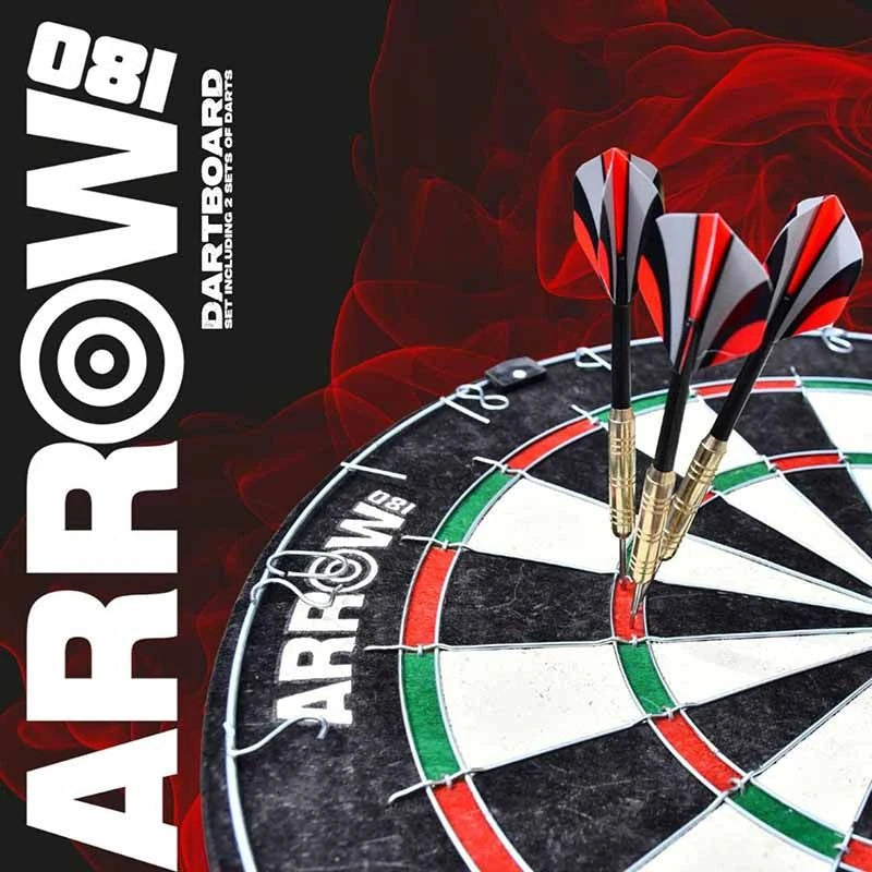 Close-up promotional photograph of three red and black flight darts embedded near the centre of an Arrow180 bristle dartboard, with red smoke graphics and Arrow180 branding.