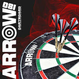 Close-up promotional photograph of three red and black flight darts embedded near the centre of an Arrow180 bristle dartboard, with red smoke graphics and Arrow180 branding.